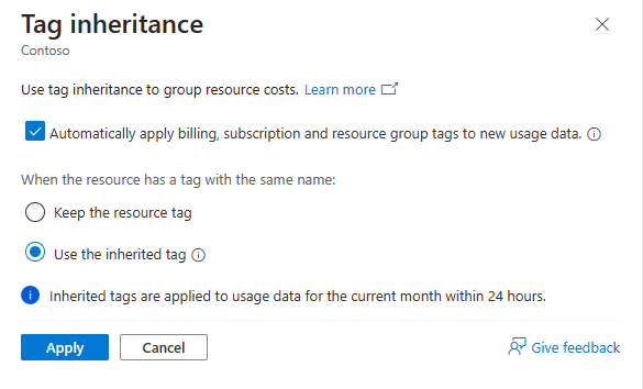MCA のお客様に対して選択された継承タグ オプションを示すスクリーンショット。