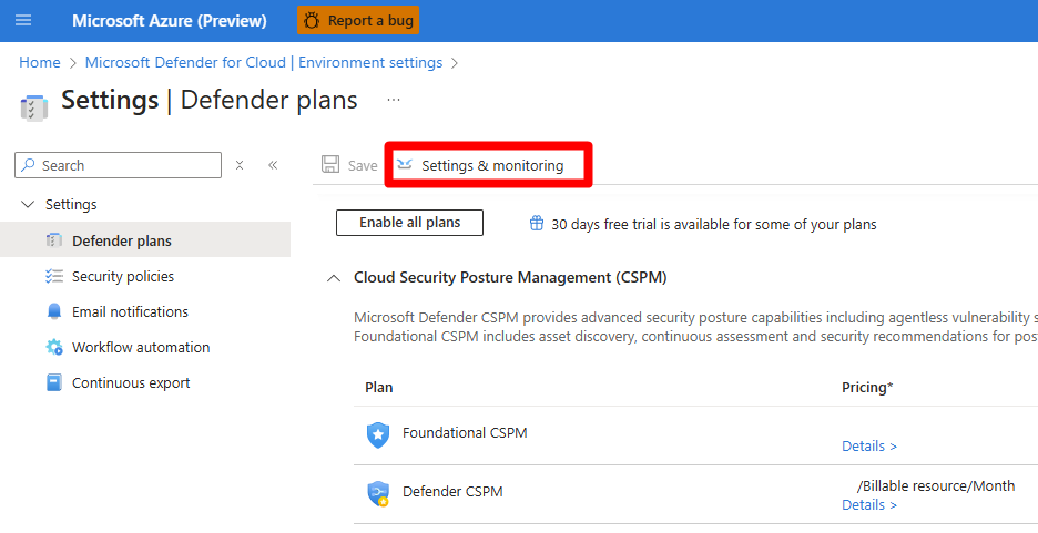 設定と監視ボタンの位置を示すスクリーンショット。