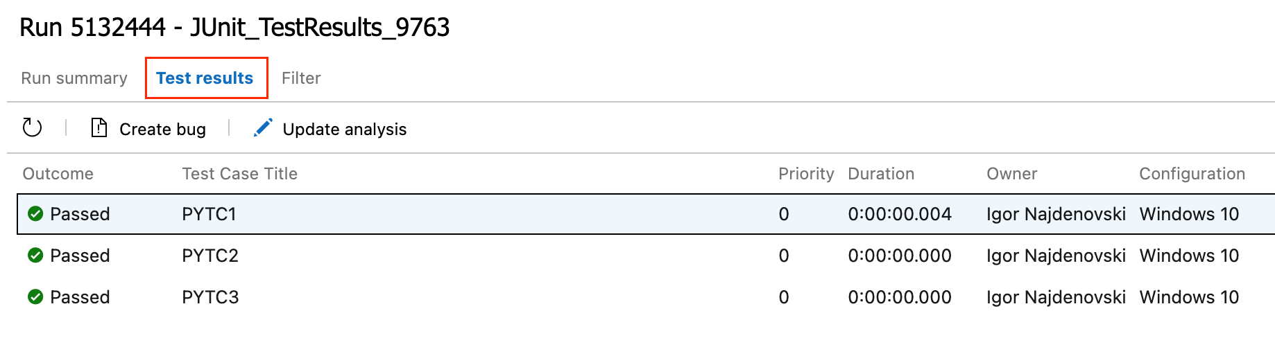 テスト結果の詳細の表示を示すスクリーンショット。