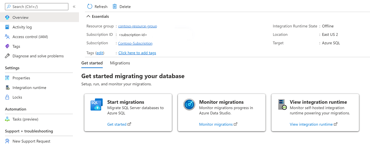 Azure portal で移行を監視する方法を示すスクリーンショット。