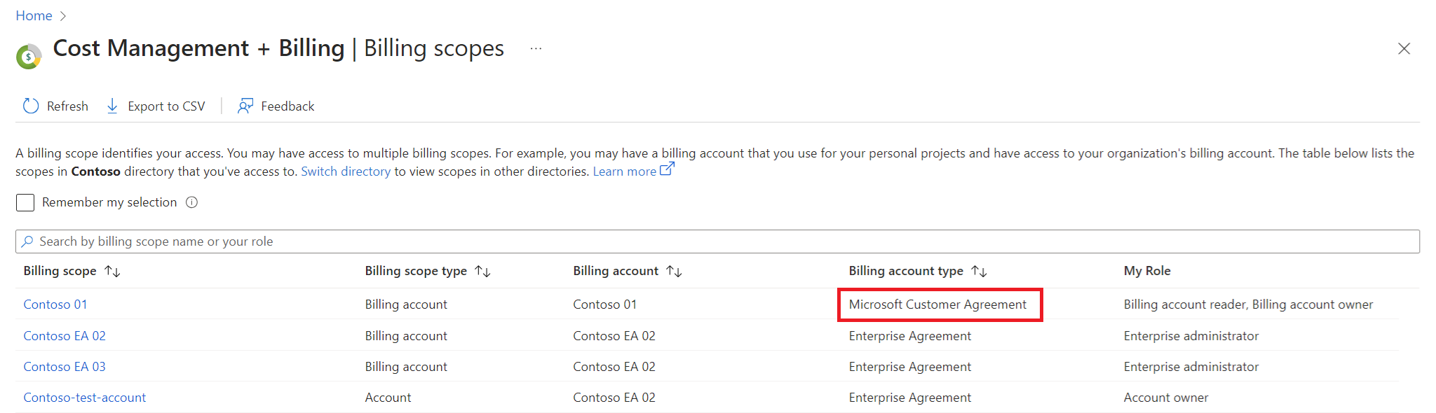 Azure portal で複数の課金スコープに対する Microsoft 顧客契約の課金アカウントの種類が示されているスクリーンショット。