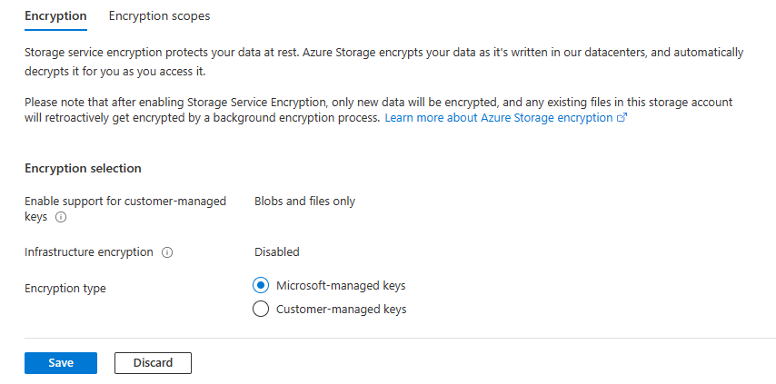 Azure portal の暗号化オプションを示すスクリーンショット。