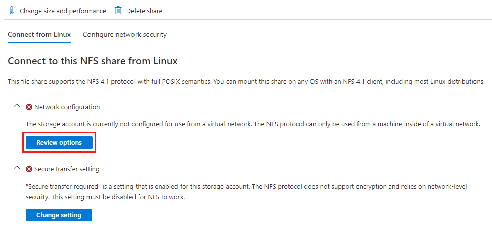 Linux から NFS 共有に接続するようにネットワーク設定を構成する方法を示すスクリーンショット。