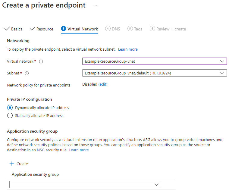 新しいプライベート エンドポイントに仮想ネットワークとプライベート IP 構成を追加する方法を示すスクリーンショット。