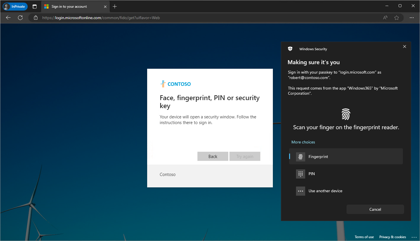 リモート セッションからローカル デバイスへの WebAuthn 要求を示すスクリーンショット。