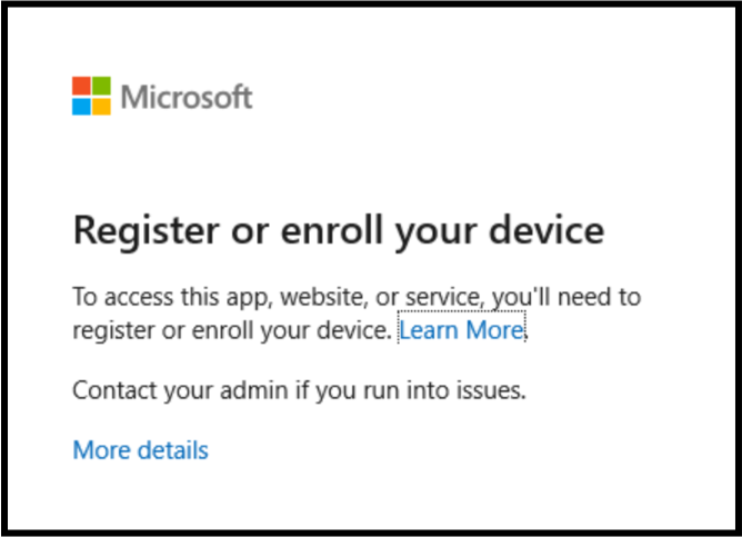 デバイスが登録または登録されていない場合のトークン保護エラー メッセージのスクリーンショット。