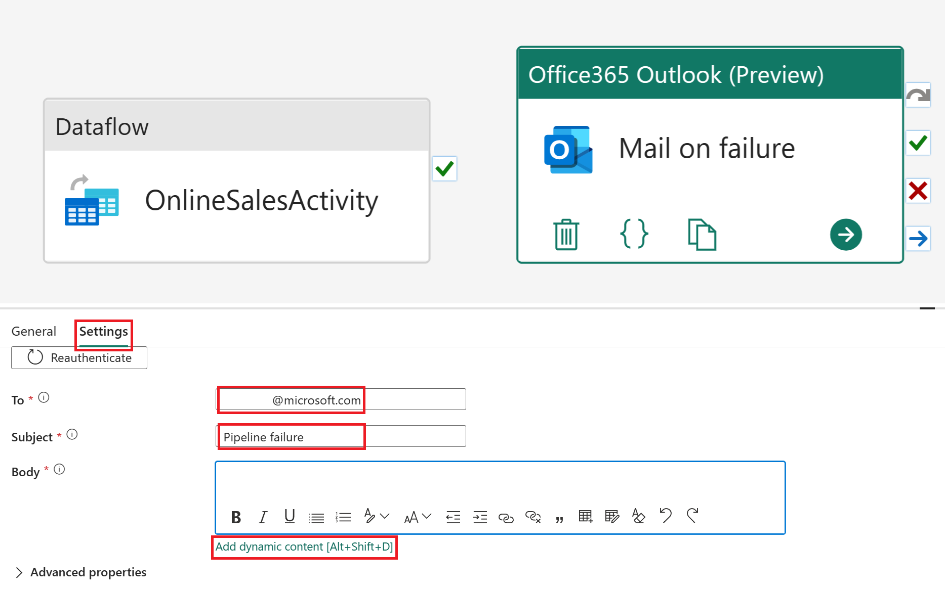 Office365 Outlook のアクティビティ設定のスクリーンショット。
