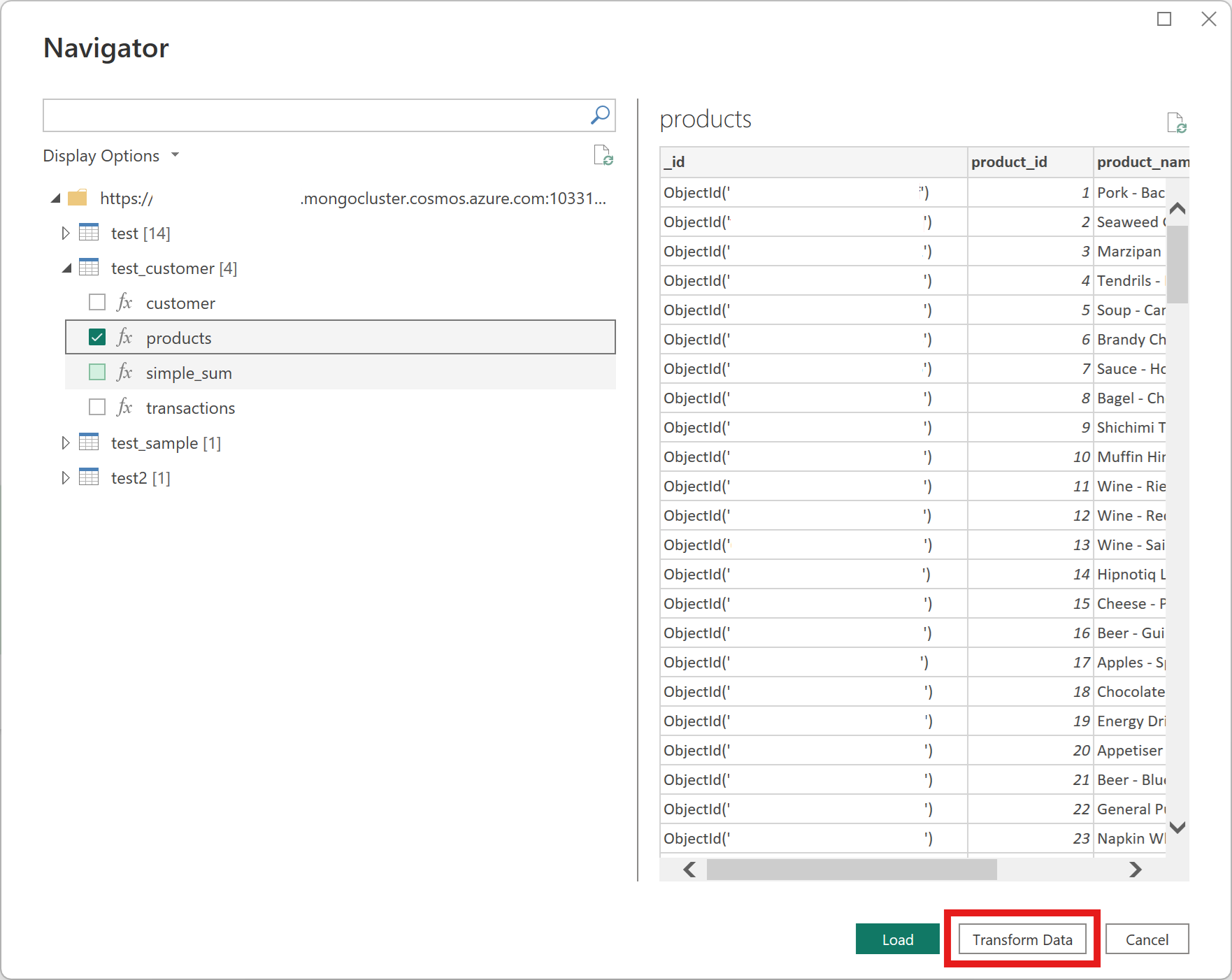 Screenshot showing Native Mongo Query Transform Data.