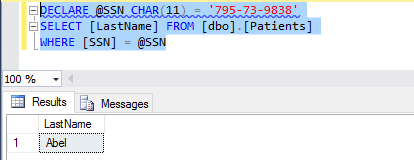 @SSNの変数を使用したクエリと、結果として返された行のスクリーンショット。