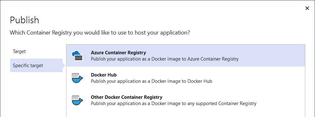 Docker コンテナー レジストリへの発行オプションを示すスクリーンショット。
