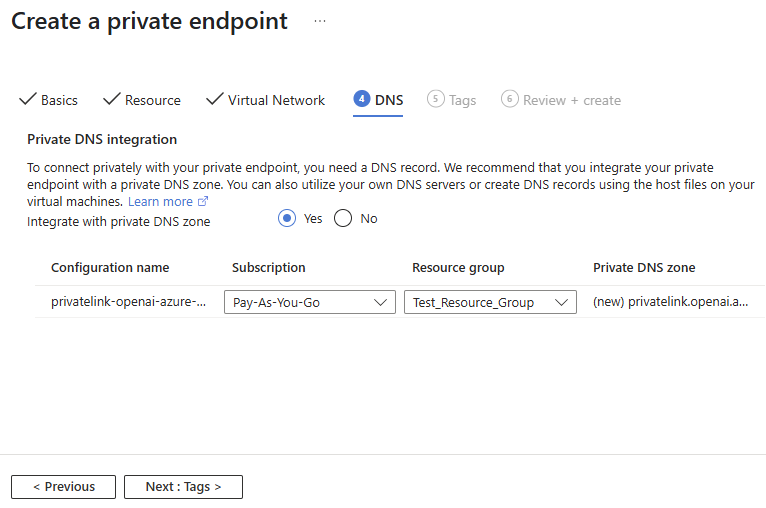 프라이빗 링크 DNS 만들기 탭의 스크린샷