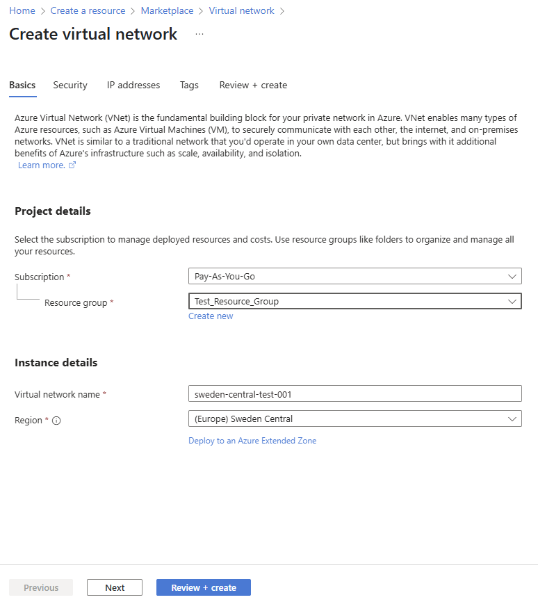 가상 네트워크 설정의 스크린샷.