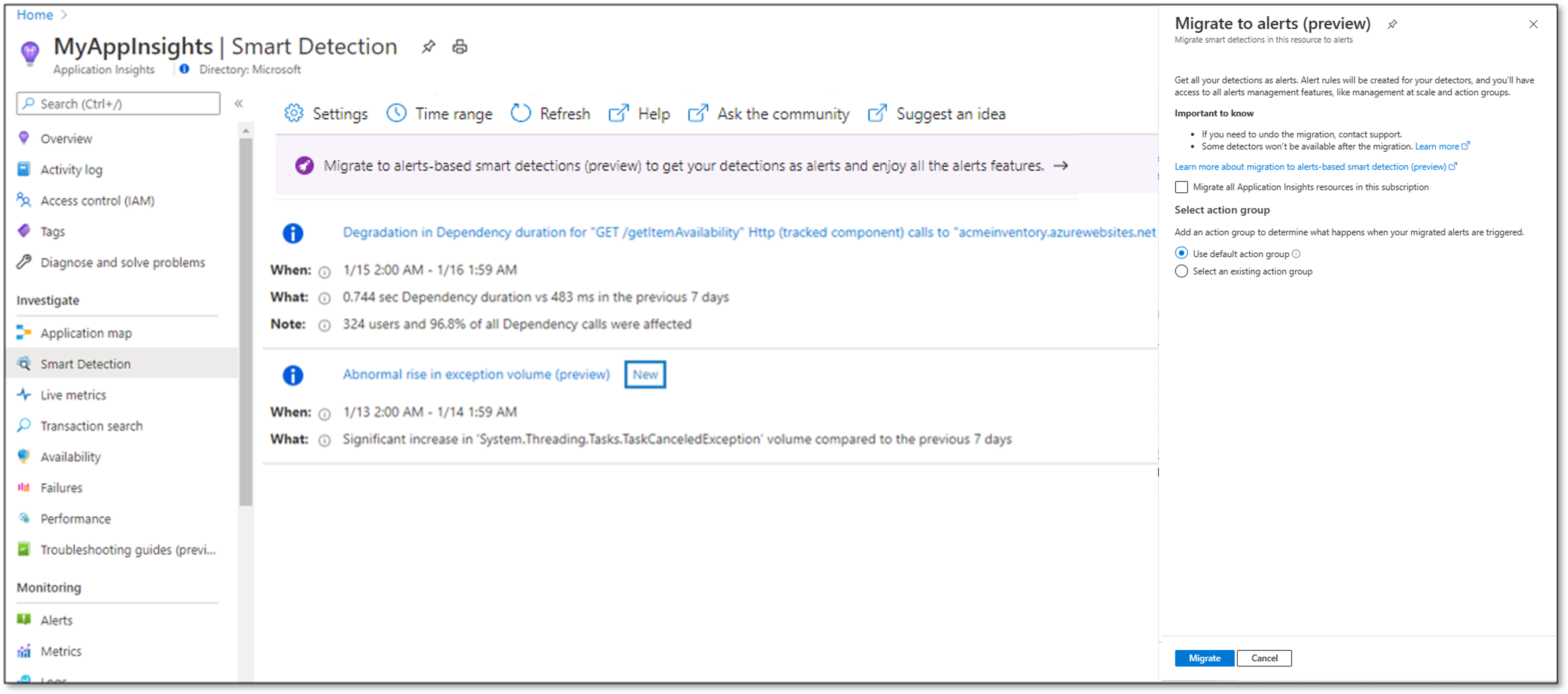 스마트 검색 마이그레이션 대화 상자를 보여 주는 스크린샷.