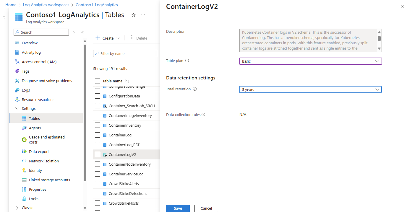 테이블 구성 화면의 데이터 보존 설정을 보여 주는 스크린샷