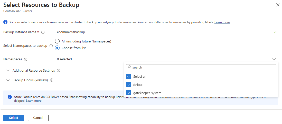 백업에 포함할 네임스페이스를 선택하는 방법을 보여 주는 스크린샷입니다.