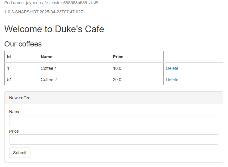 Java liberty 애플리케이션 홈페이지의 스크린샷.