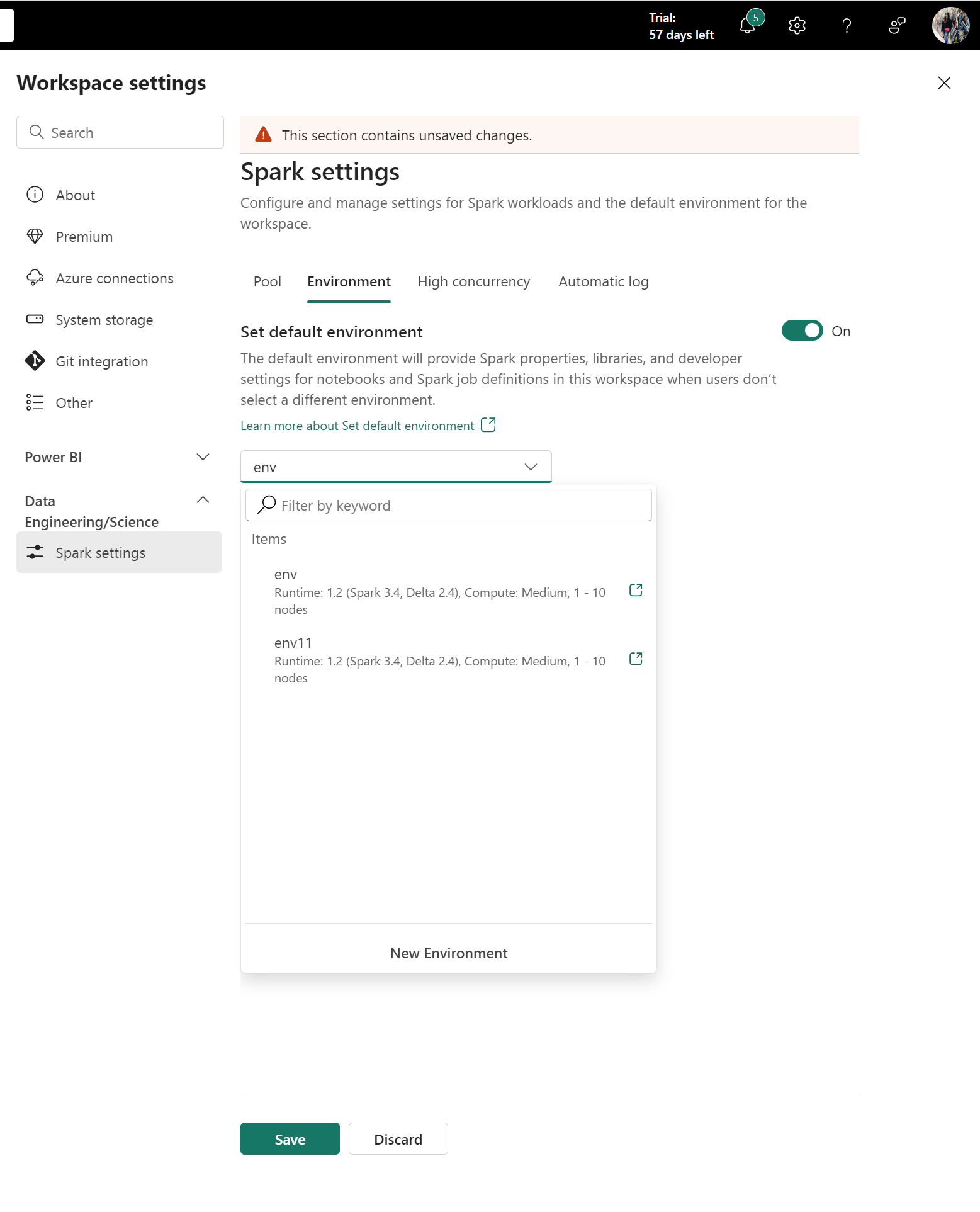 기본 환경 선택을 보여 주는 스크린샷.