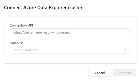 Azure Data Explorer 클러스터 URI를 보여 주는 연결 창의 스크린샷 연결 단추가 강조 표시됩니다.