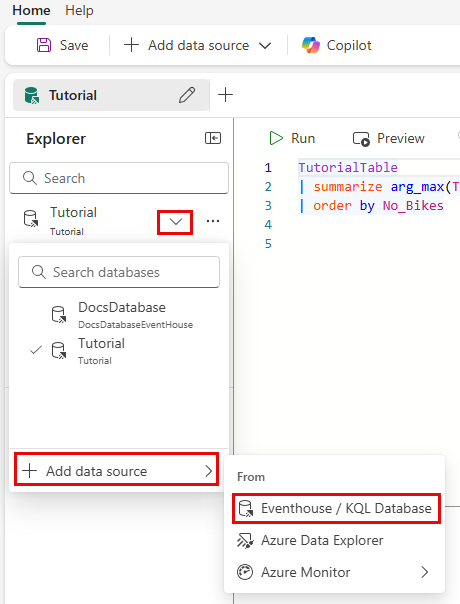 연결된 데이터 원본 목록을 보여 주는 데이터 원본 메뉴의 스크린샷