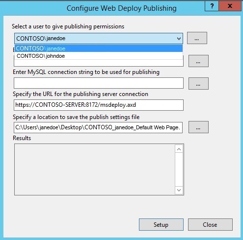 웹 배포 게시 구성 창의 스크린샷. 게시 권한을 부여할 사용자 선택에서 C O N T O S O 백슬래시 john doe 텍스트가 강조 표시됩니다.