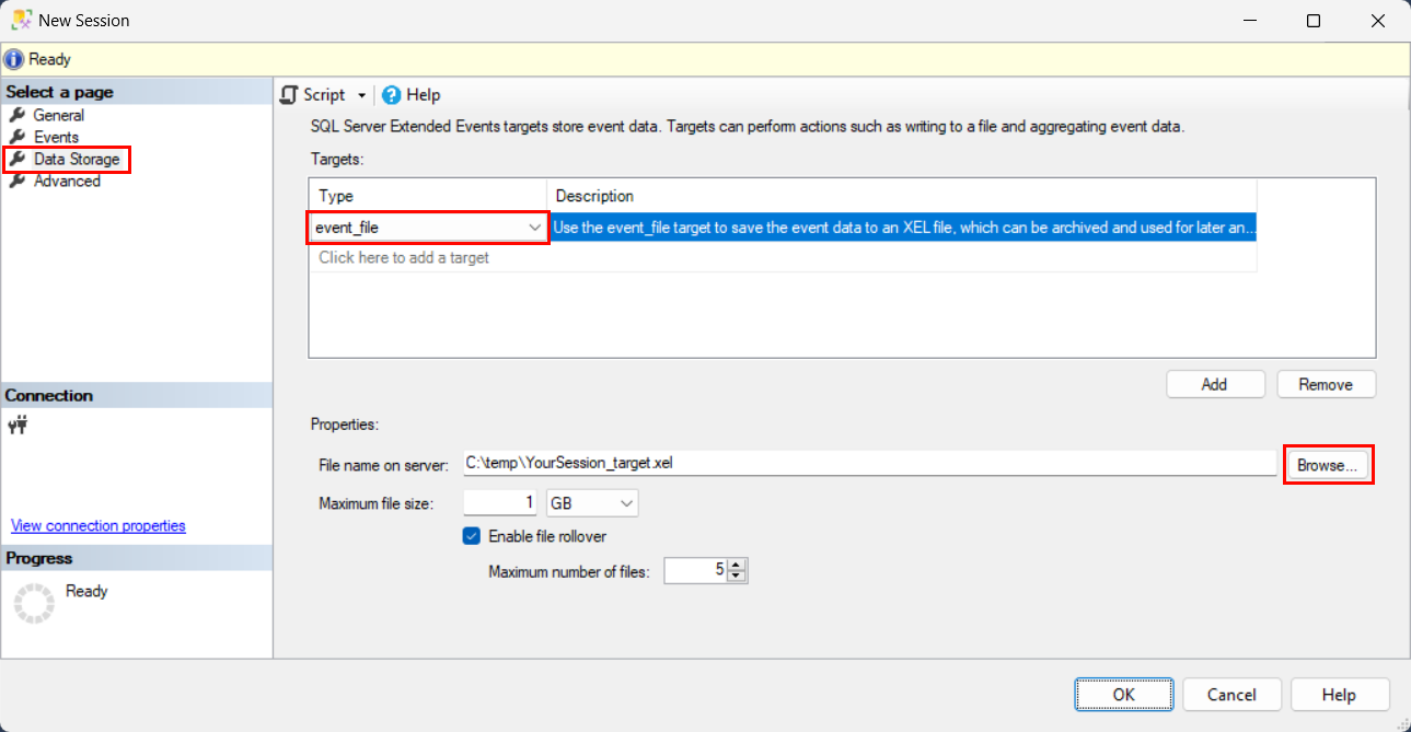 새 세션 > 데이터 스토리지 > 대상 > 유형 > event_file 스크린샷.