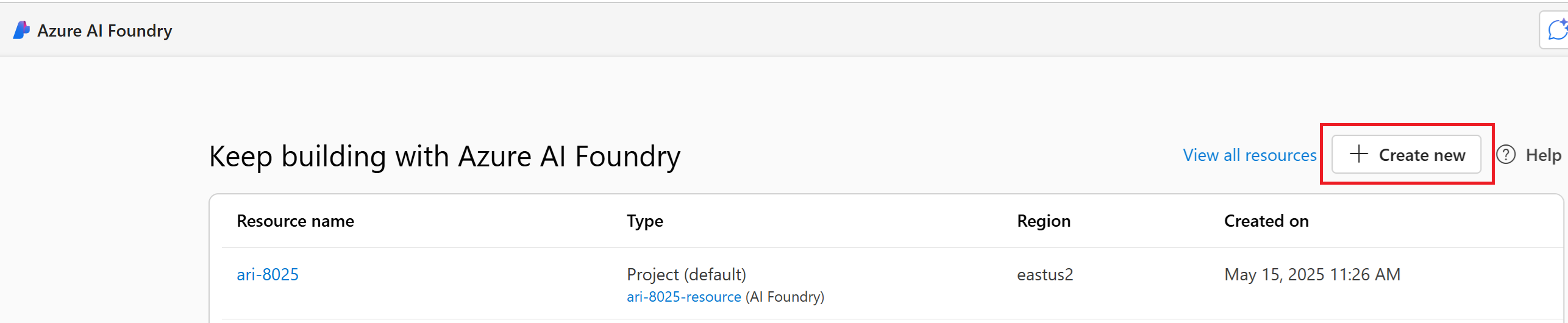 Screenshot zeigt, wie Sie ein neues Projekt in Azure AI Foundry erstellen.