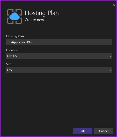 Screenshot, der das Erstellen des Hostingplans zeigt.