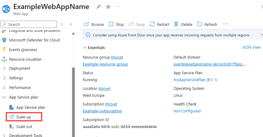 Screenshot: Hochskalieren Ihres App Service-Plans