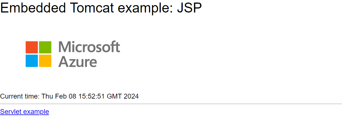 Screenshot: eingebettete Tomcat-Web-App, die in Azure App Service ausgeführt wird.