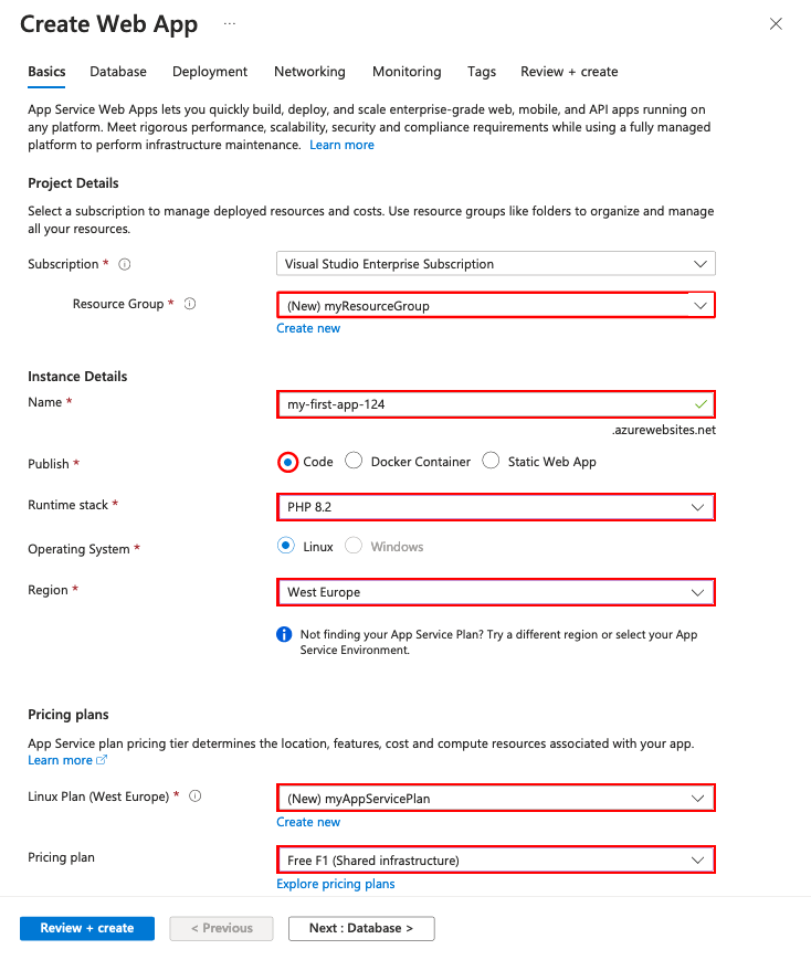 Screenshot: Konfiguration der neuen App Service-App für PHP im Azure-Portal.
