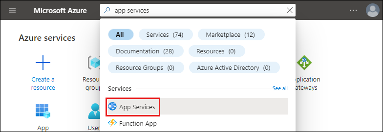 Screenshot des Azure-Portals mit App Services, die in das Suchtextfeld eingegeben wurden.