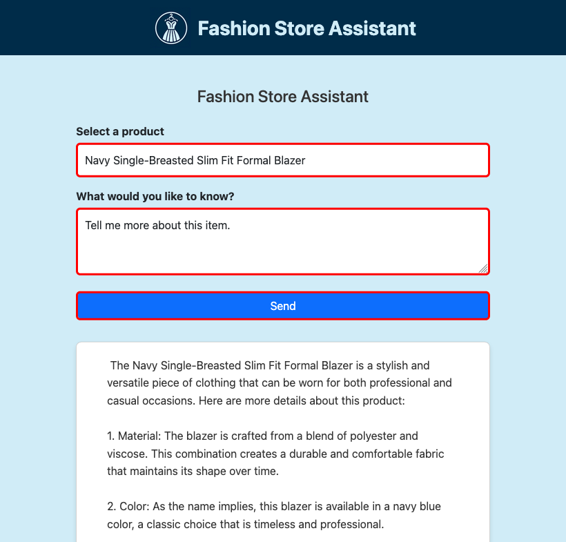 Screenshot der Mode-Assistenten-App, die im Browser ausgeführt wird.