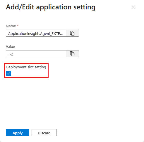 Screenshot des Kontrollkästchens zum Konfigurieren einer App-Einstellung als Slot-Einstellung im Azure-Portal.
