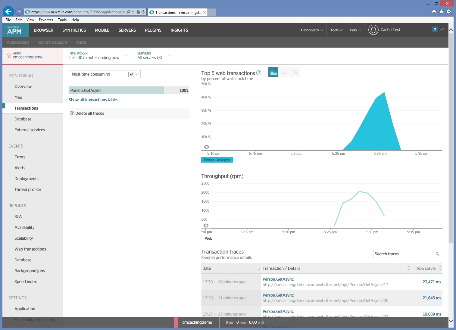 New Relic mit Serveranforderungen für die CachingDemo-Anwendung