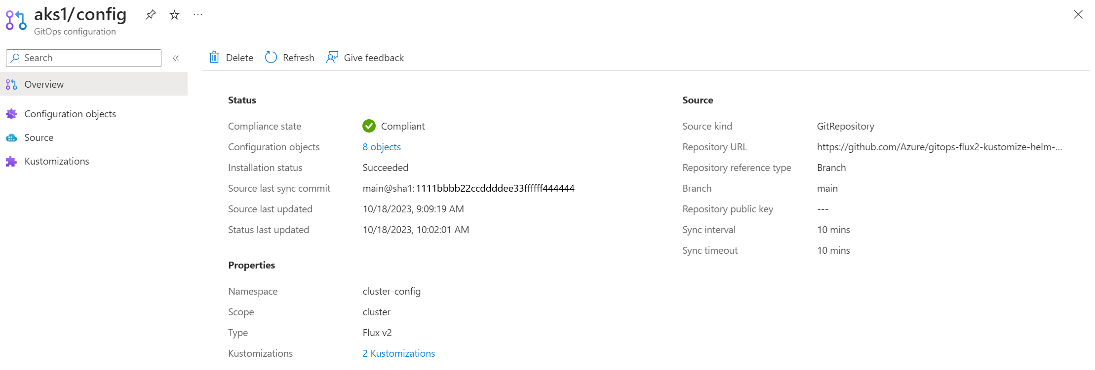 Screenshot der Seite „Übersicht“ einer Fluxkonfiguration im Azure-Portal.