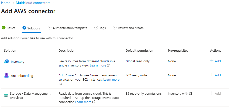Screenshot der Lösungen für den AWS-Connector im Azure-Portal