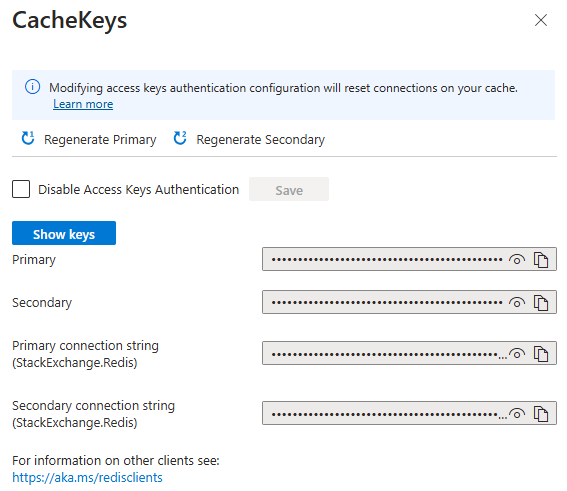 Screenshot des Azure Redis-Cachezugriffsschlüsselbereichs.