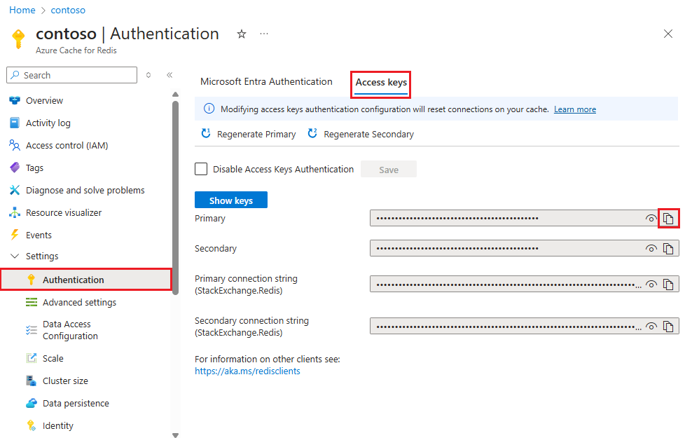 Screenshot mit Azure Redis-Cachezugriffsschlüsseln.