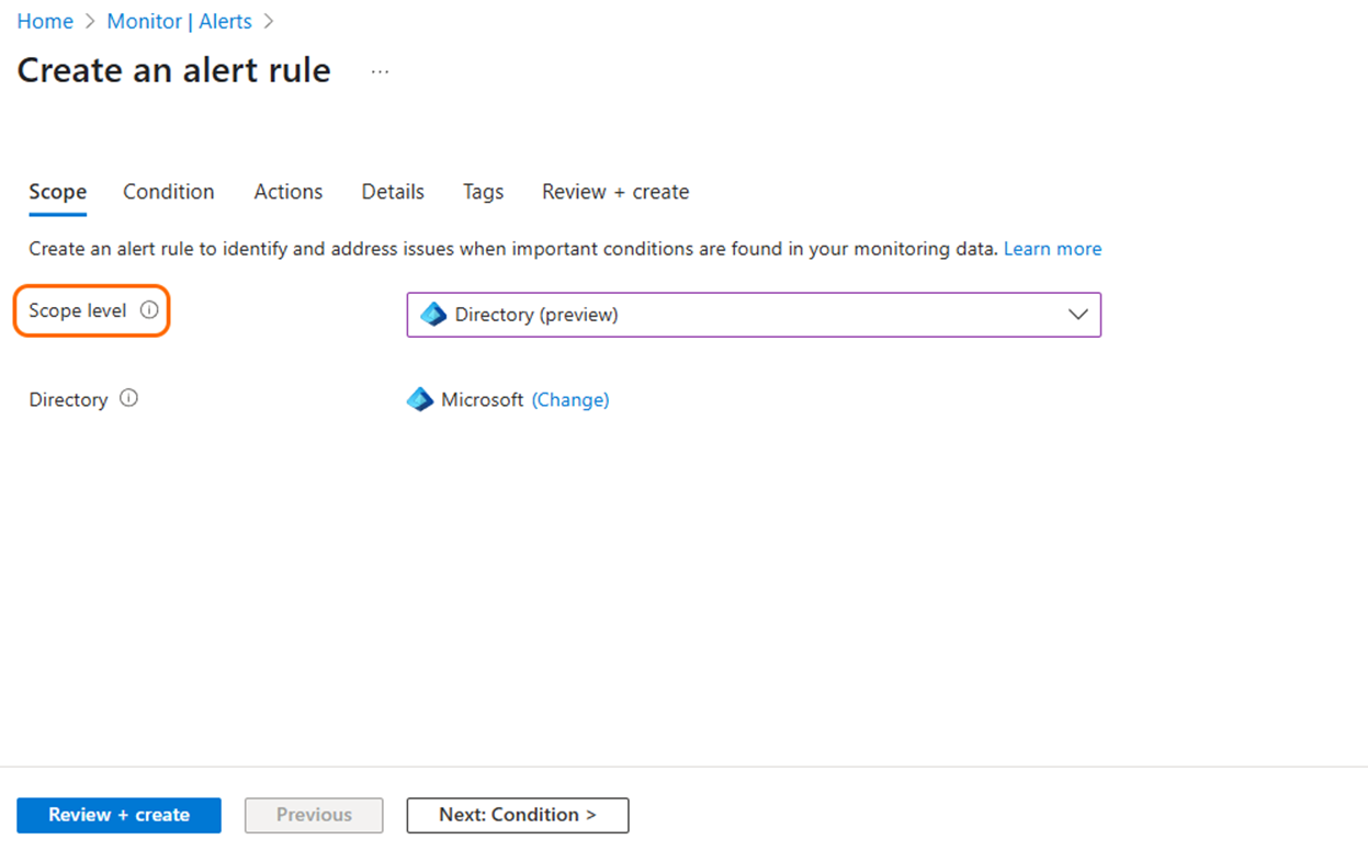 Screenshot 2: Benutzeroberfläche für Warnungen auf Mandantenebene im Azure-Portal