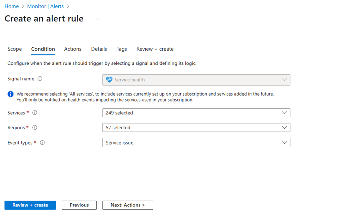 Screenshot 3: Benutzeroberfläche für Warnungen auf Mandantenebene im Azure-Portal