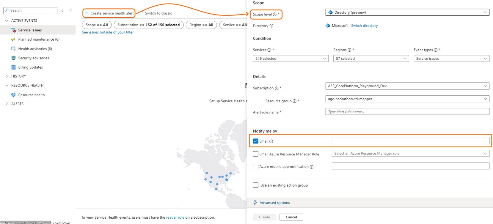 Screenshot 1: Benutzeroberfläche für Warnungen auf Mandantenebene im Azure-Portal