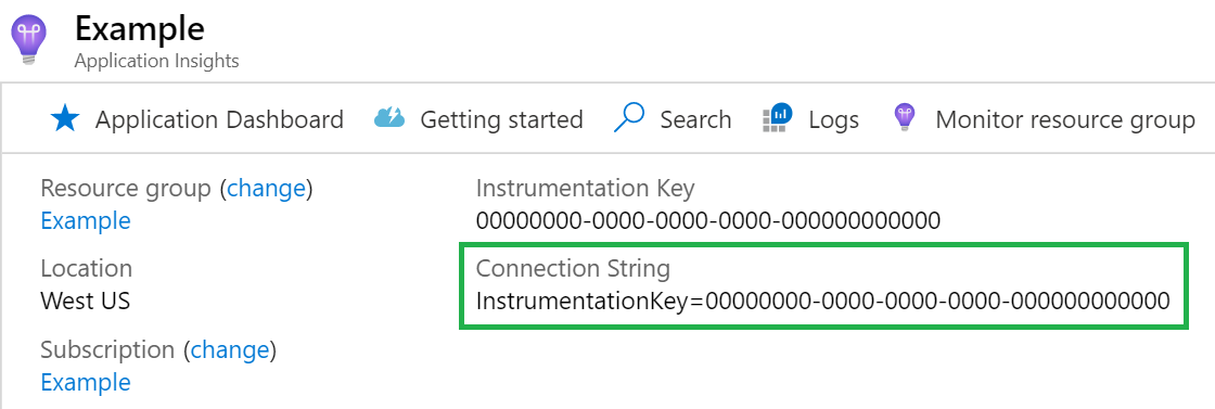 Screenshot: Application Insights-Verbindungszeichenfolge.