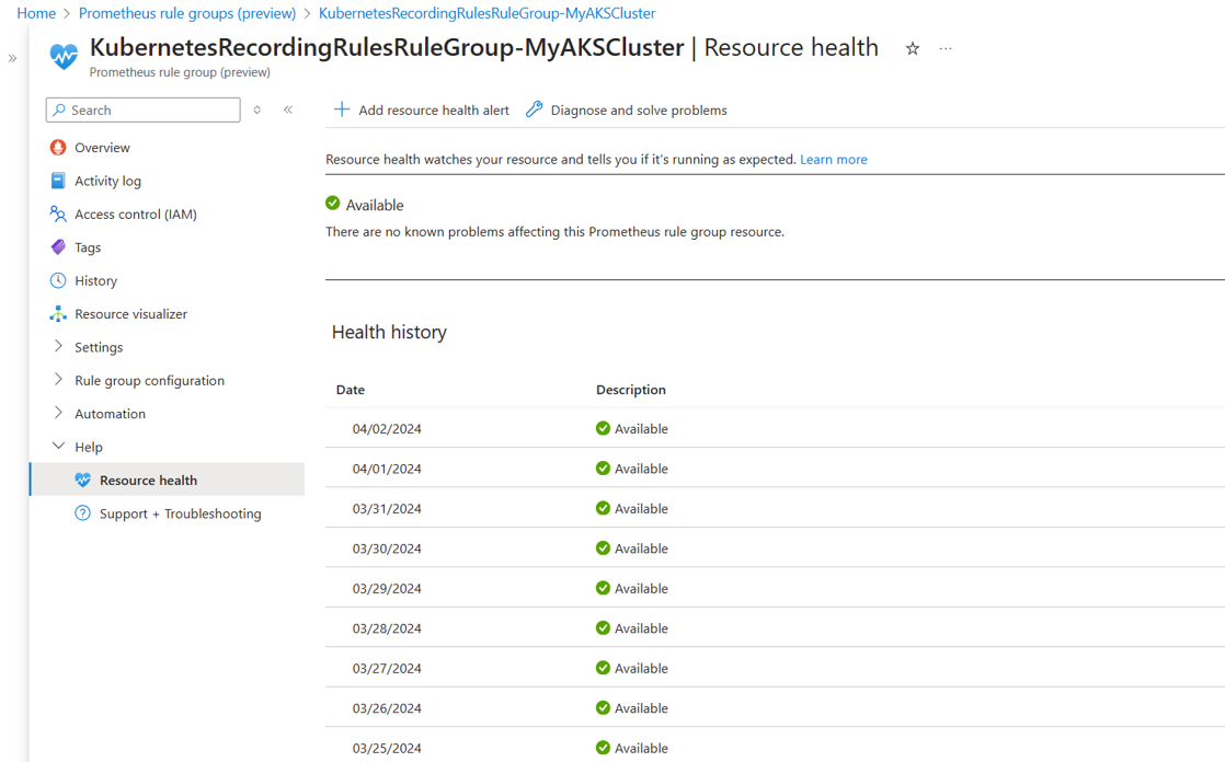 Screenshot, der zeigt, wie der Ressourcenstatusverlauf einer Prometheus-Regelgruppe angezeigt wird.