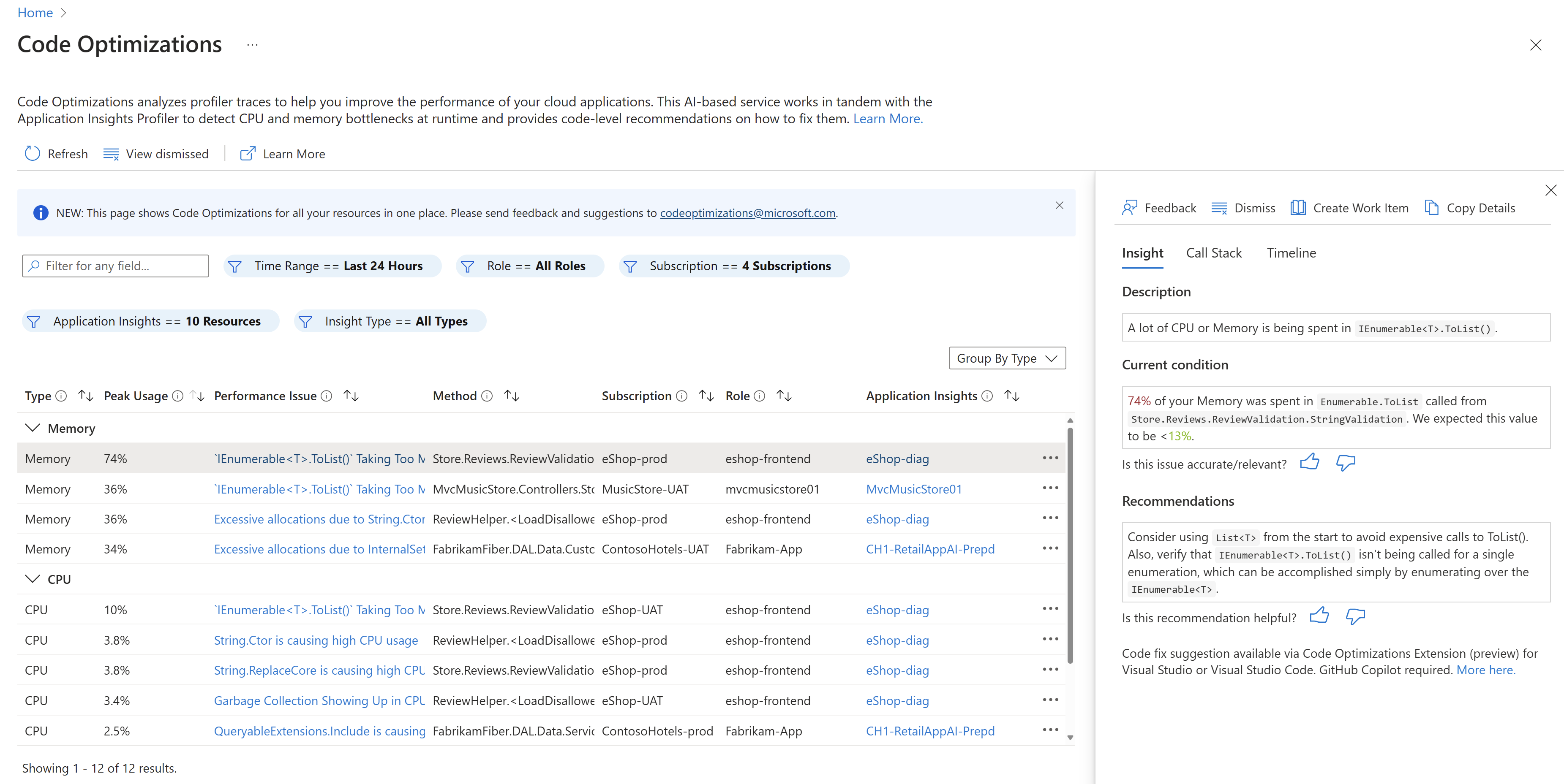 Screenshot der konsolidierten Übersichtsseite für Codeoptimierungen.