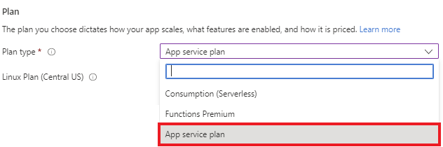 Screenshot: Ort, an dem der App-Service-Plan bei der Erstellung der Funktions-App aus dem Dropdown-Menü ausgewählt wird.