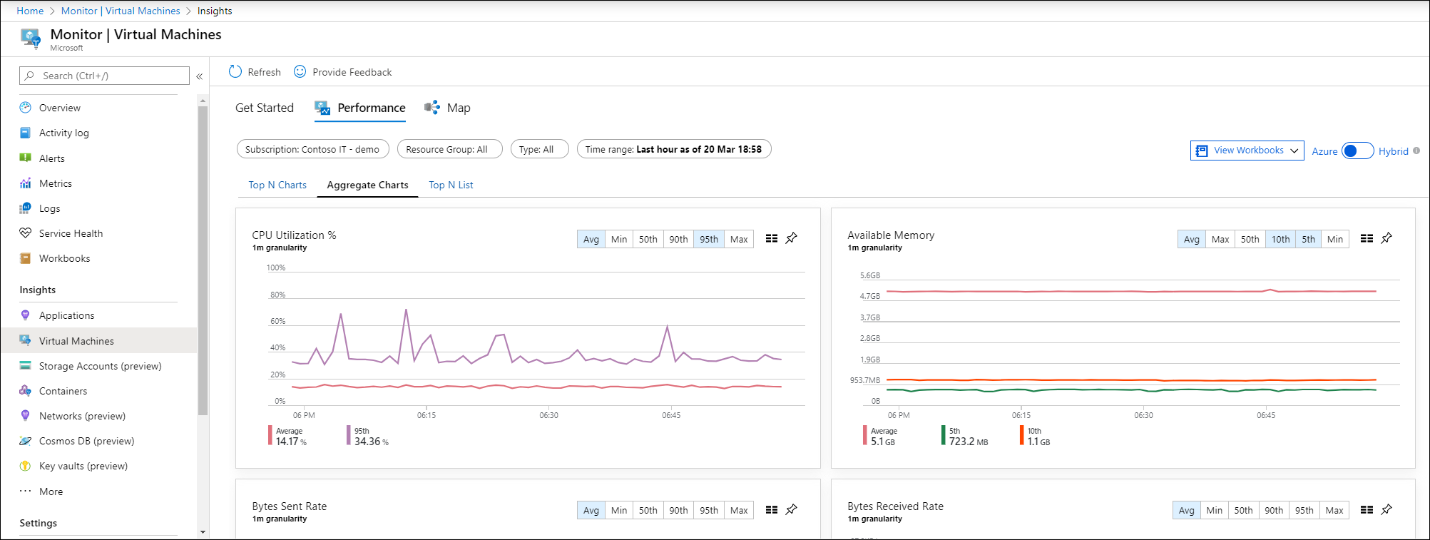 Screenshot mit der Gesamtansicht der Leistung in VM Insights.