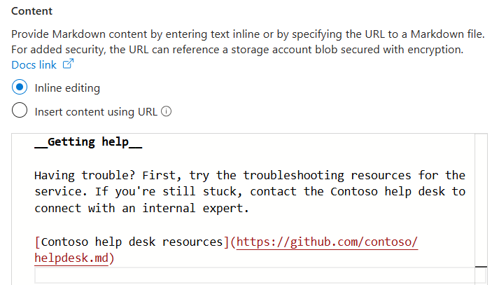 Screenshot der Eingabe von Inline-Inhalten in eine Markdown-Kachel auf dem Azure-Portal Dashboard.