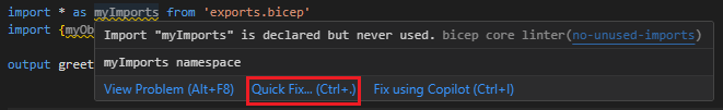 Screenshot der Verwendung von Quick Fix für die linter-Regel ohne ungenutzte Variablen.