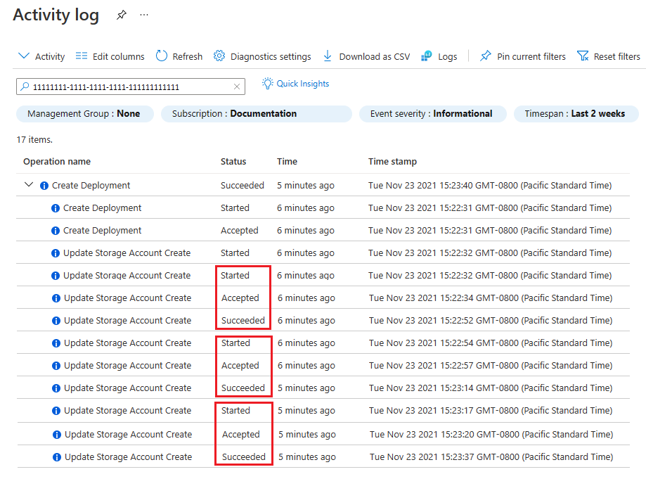 Screenshot des Azure-Portalaktivitätsprotokolls mit drei Speicherkonten, die in sequenzieller Reihenfolge bereitgestellt werden, mit ihren Zeitstempeln und Status.