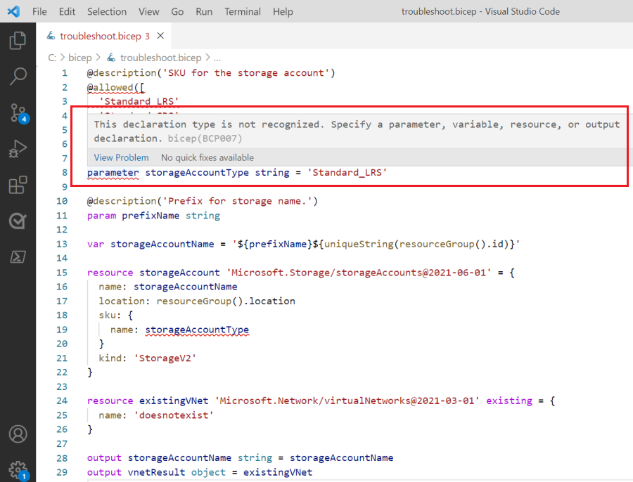 Screenshot einer detaillierten Fehlermeldung, die in Visual Studio Code beim Zeigen auf einen Syntaxfehler in einer Bicep-Datei angezeigt wird.